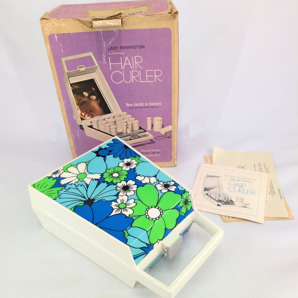 Lady Remington Hot Rollers Hair Curler Blue Floral vtg 1968 Mod Travel Case KC-1